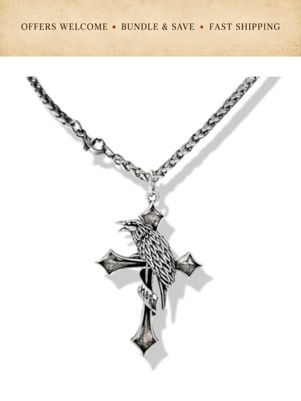 Gothic Raven Cross Necklace 24" Victorian Goth Choker Chain Unisex
